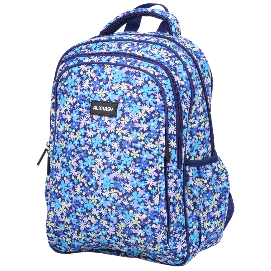 A midsize kids' backpack with a navy blue base and a floral pattern in shades of blue and white. It features multiple compartments and has a dark blue padded carry handle.