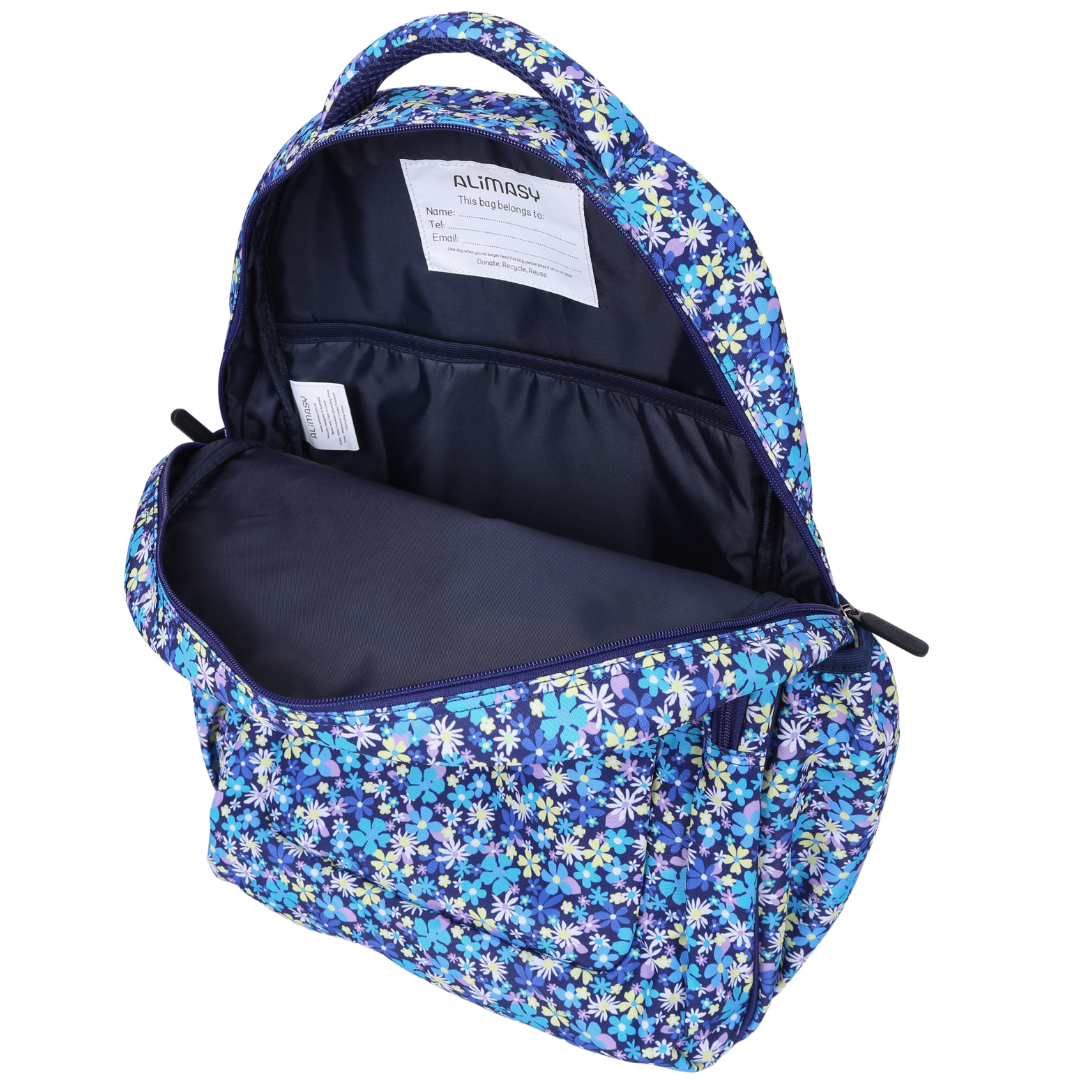 Close-up of Ditsy Daisy Large School Backpack easy clean waterproof lining and durable fabric