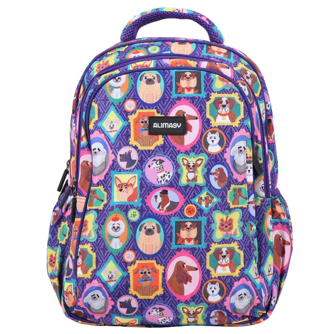 Colorful purple backpack with dog pattern on a white background
