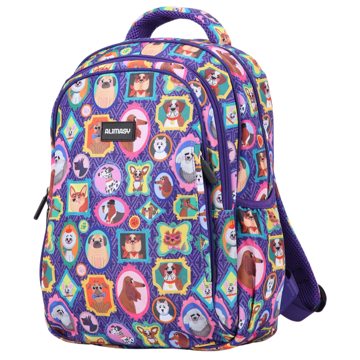 Colorful purple kids school backpack with dog pattern and Alimasy brand logo on a white background