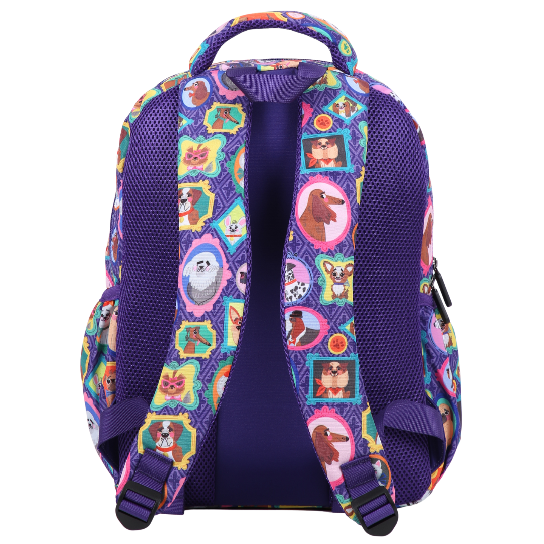 Purple backpack rear view with padded shoulder straps and multiple carry handles 