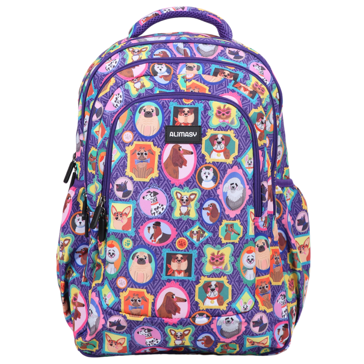 A large school backpack with a colorful animal-themed pattern, featuring characters that resemble dog portraits.