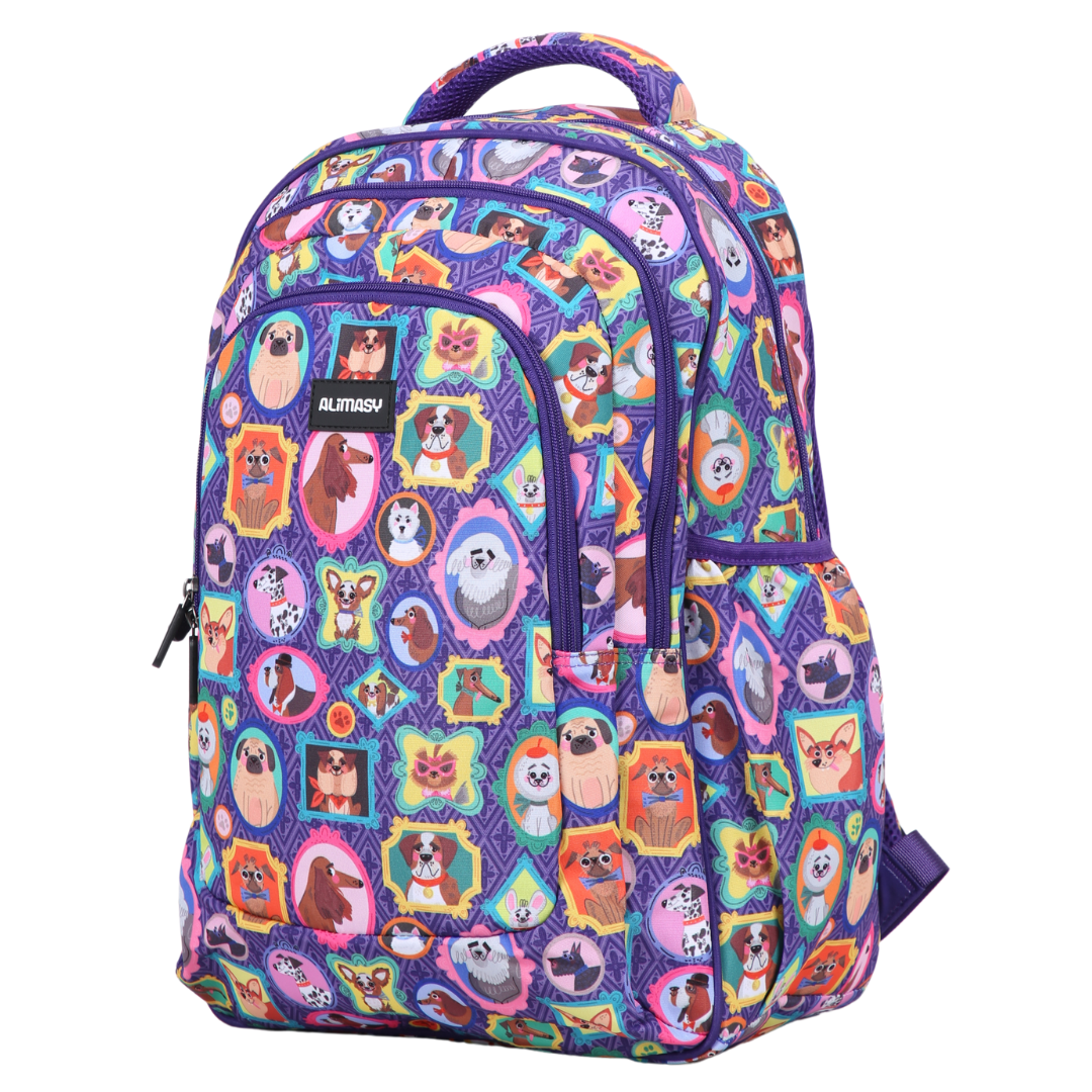 Angled view of Dog Portraits Large School Backpack Lightweight yet strong with YKK zips