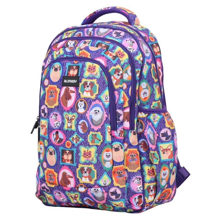 Angled view of Dog Portraits Large School Backpack Lightweight yet strong with YKK zips
