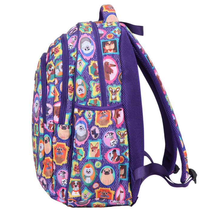 Side view of Dog Portraits Large School Backpack Deep side pockets and multiple carry handles