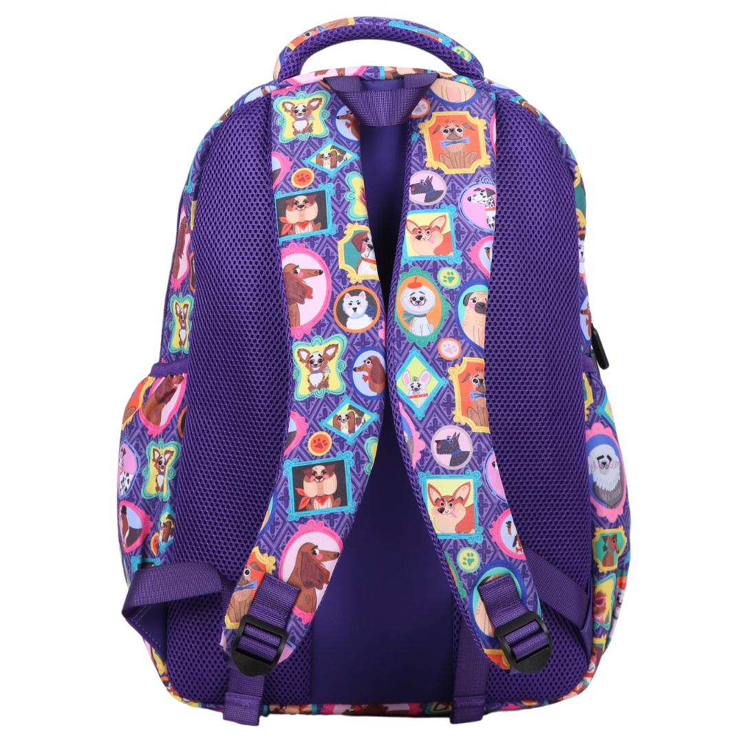 Back view of Dog Portraits Large School Backpack Padded straps and breathable cushions for comfort