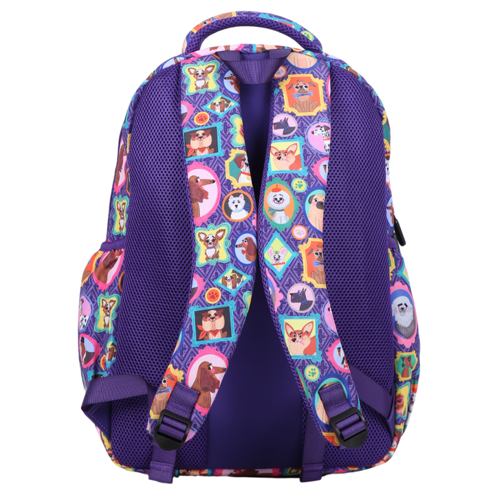 Back view of Dog Portraits Large School Backpack Padded straps and breathable cushions for comfort