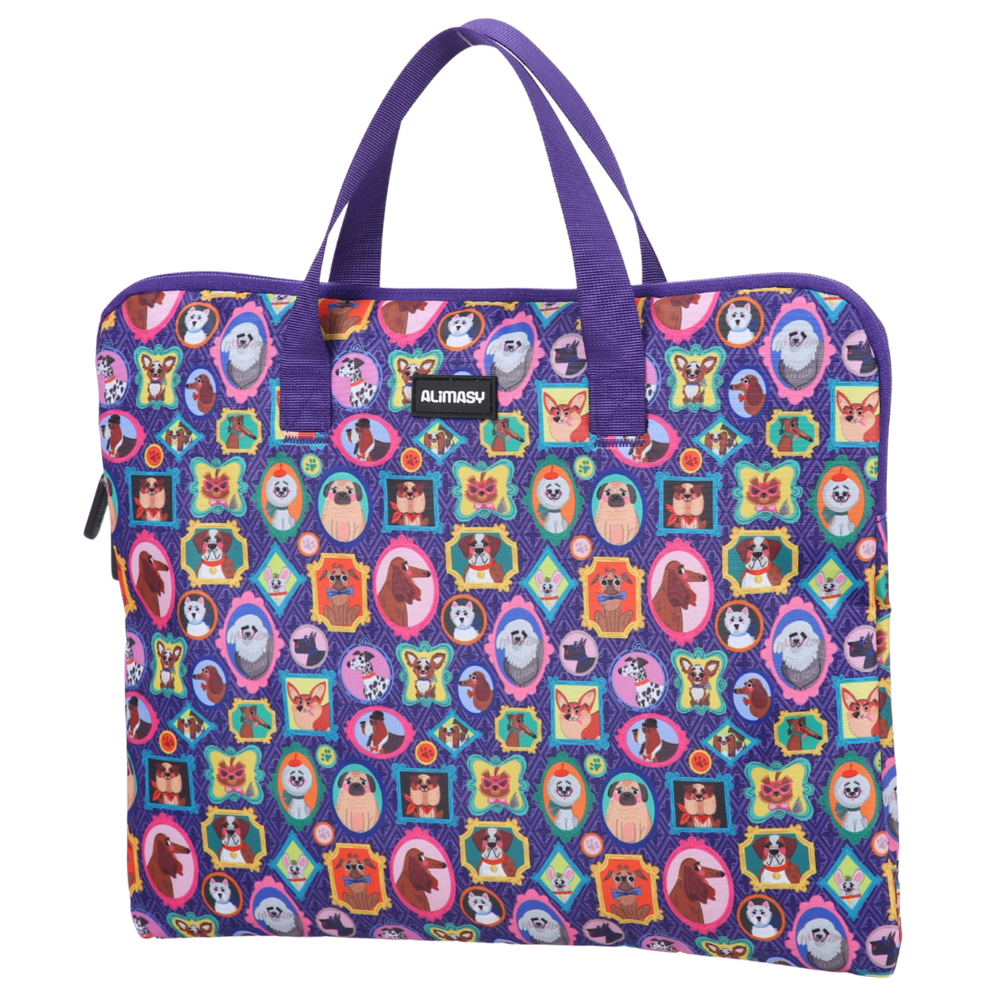 Colorful purple library book bag with animal pattern on a white background