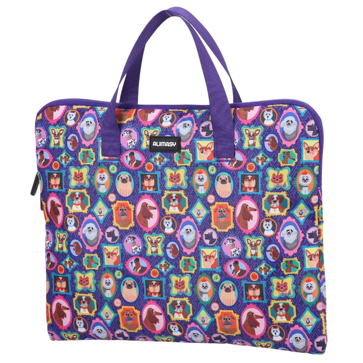 Colorful purple library book bag with animal pattern on a white background