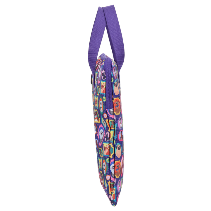 Colorful patterned zipped library book bag with a purple strap on a white background