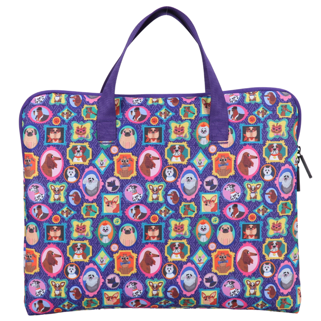 Colorful purple based library book bag with cartoon dog character pattern on a white background