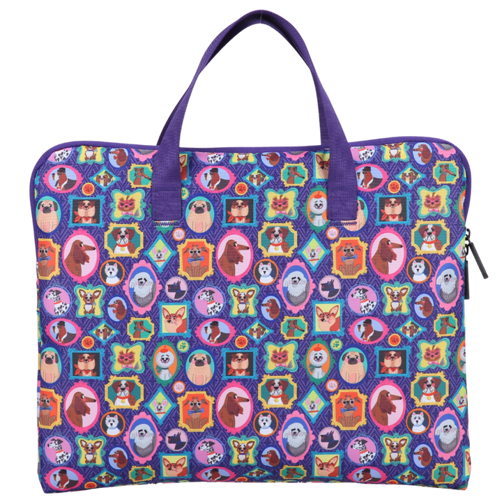 Colorful purple based library book bag with cartoon dog character pattern on a white background