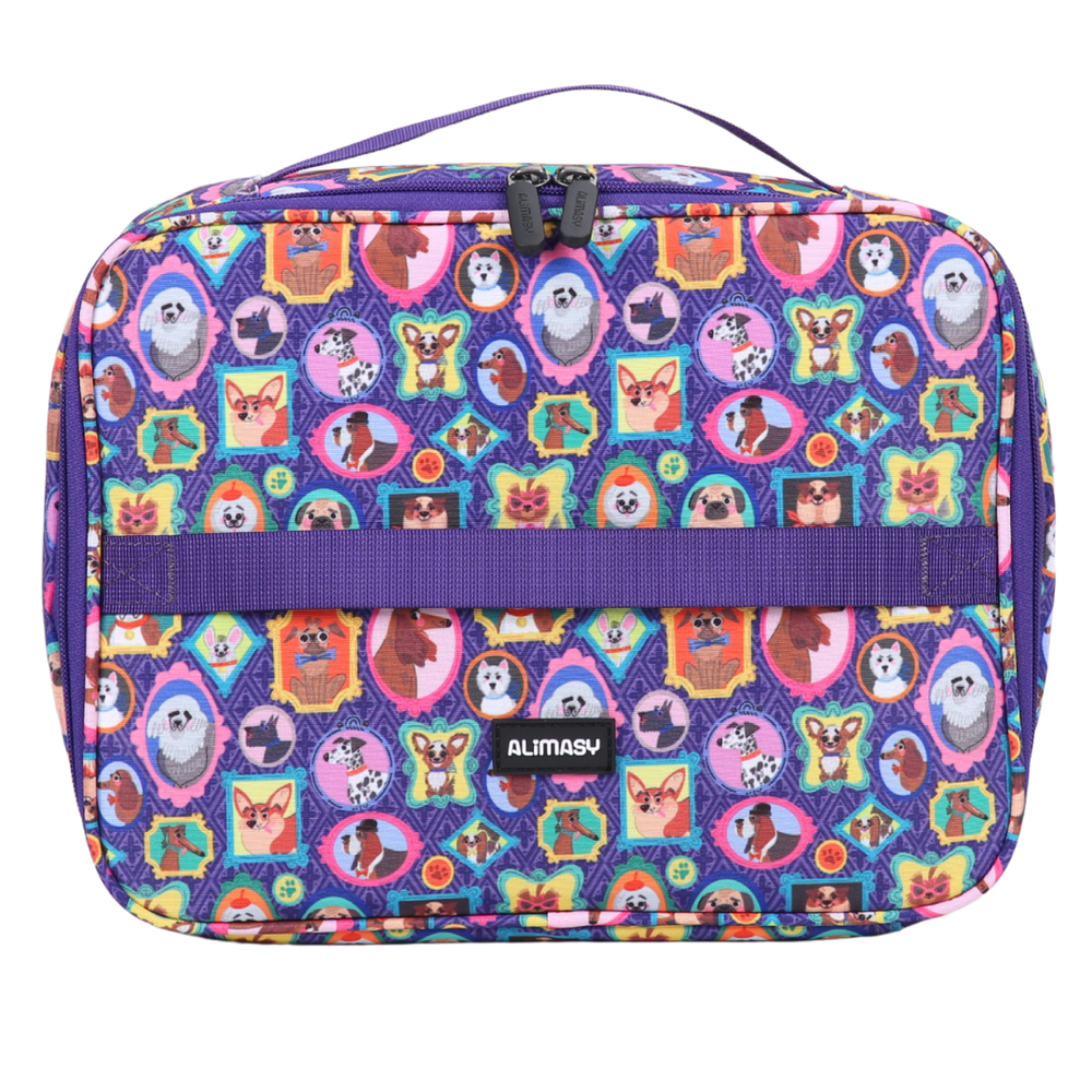 Colorful patterned lunchbag with cartoon character faces on a purple background, featuring the brand 'ALIMASV'.