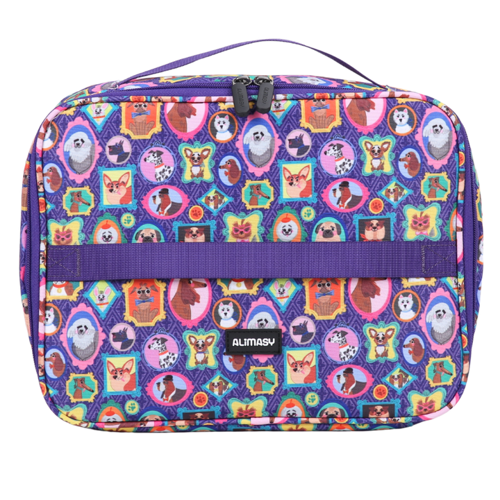 Colorful patterned lunchbag with cartoon character faces on a purple background, featuring the brand 'ALIMASV'.