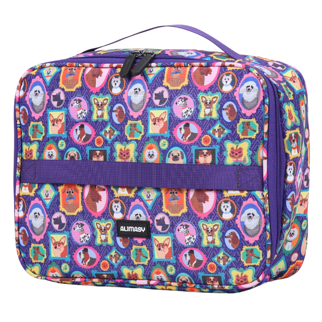 Colouful purple lunch bag with dog pattern and Alimasy logo on a white background