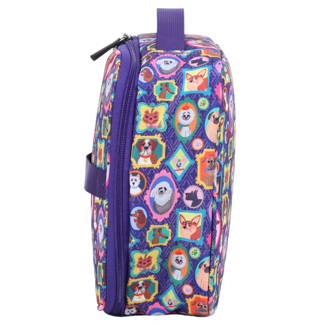 Colorful purple lunch bag with dog character pattern on a white background