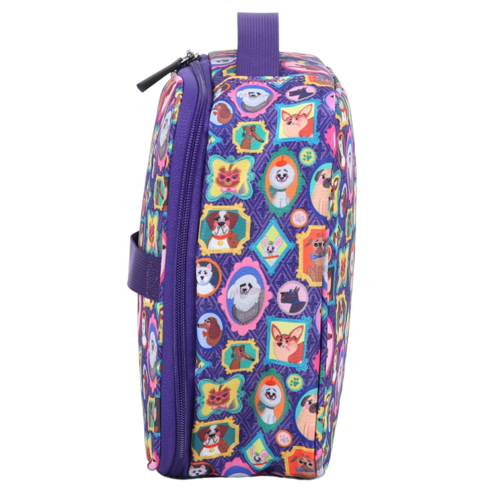 Colorful purple lunch bag with dog character pattern on a white background