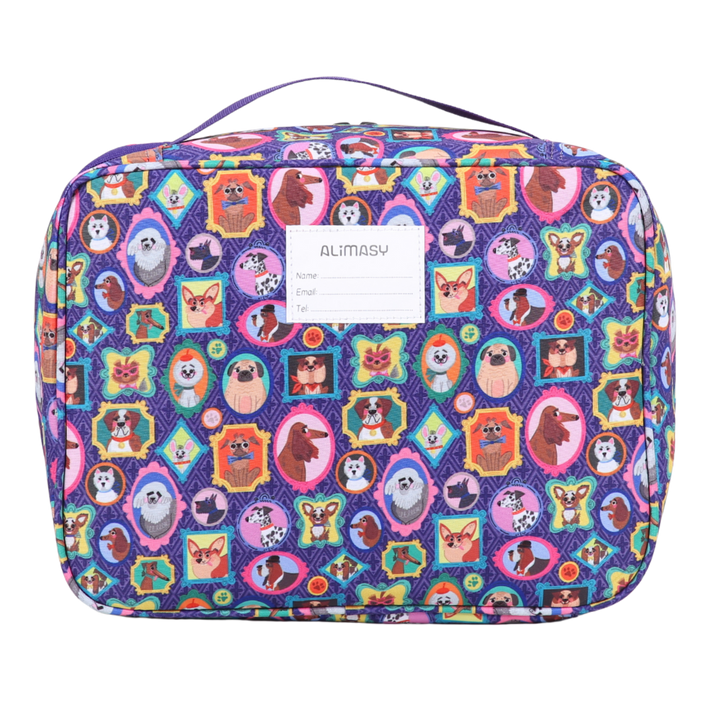 Colorful lunch case with dog pattern and ALIMASY name label on a white background