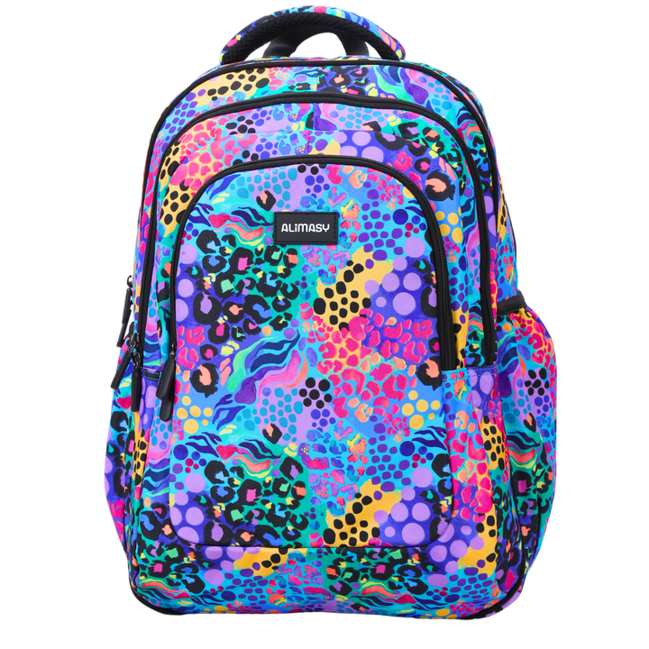 A large multicolored school backpack with an electric leopard print design, featuring multiple compartments, side pockets, and adjustable straps.