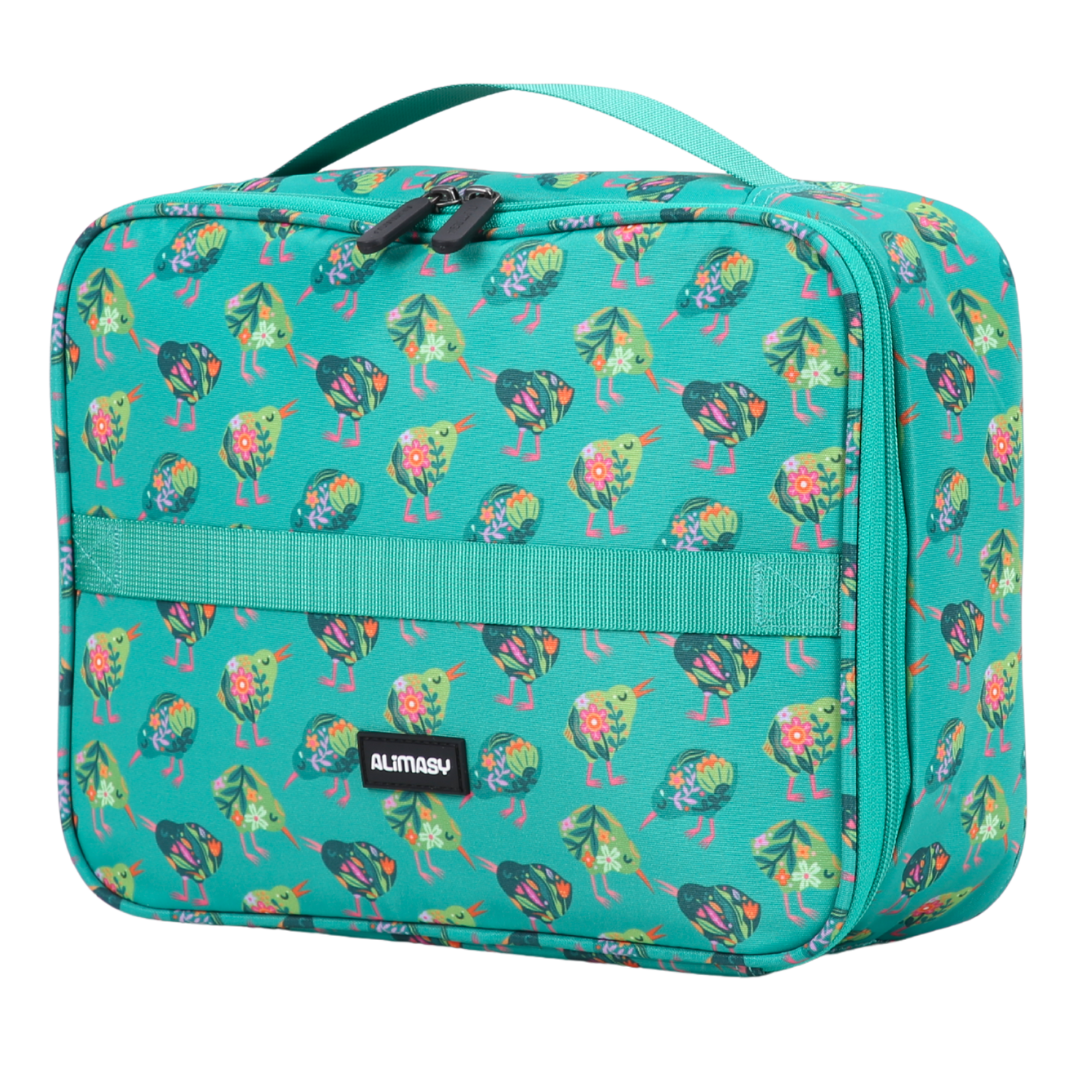 Green kiwi bird patterned insulated lunch bag with green carry handles