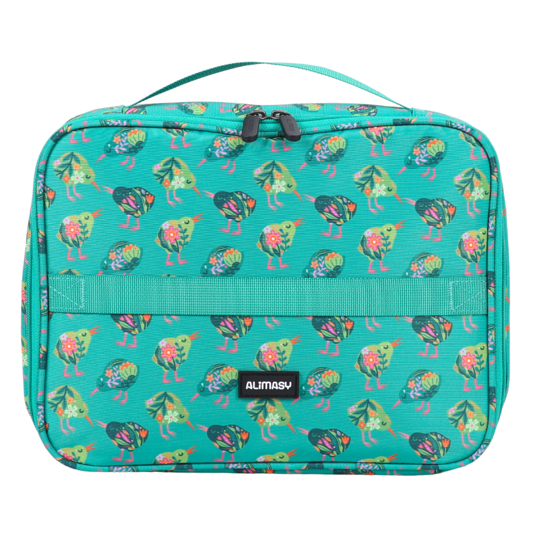 Colorful insulated lunch bag with a pattern of kiwi bird design on a white background