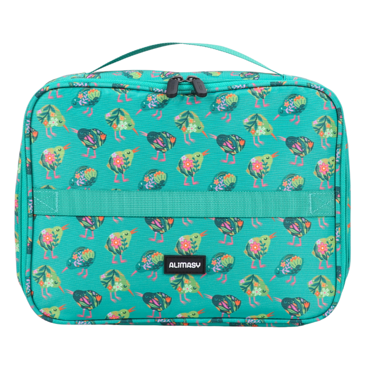 Colorful insulated lunch bag with a pattern of kiwi bird design on a white background