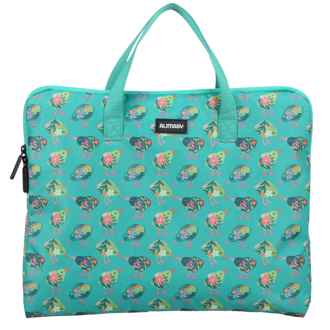 Green library book bag with colorful kiwi bird pattern on a white background