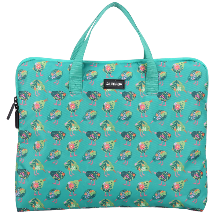 Green library book bag with colorful kiwi bird pattern on a white background