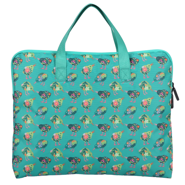 green library book bag with kiwi bird design