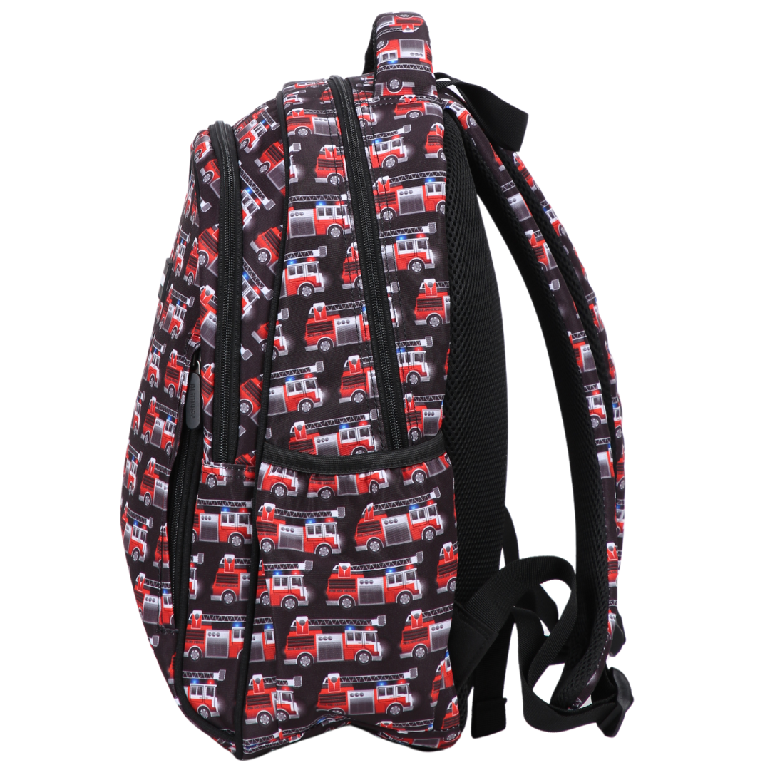 Firetrucks Midsize Kids Backpack side pocket elasticated for secure water bottle storage