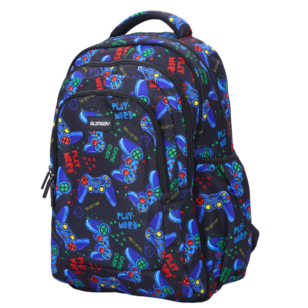 Angled view of Gaming Large School Backpack Lightweight yet strong with YKK zips
