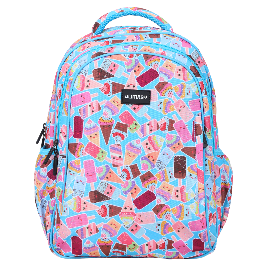 A midsize children's backpack with a colorful ice cream print, featuring multiple compartments and adjustable straps.