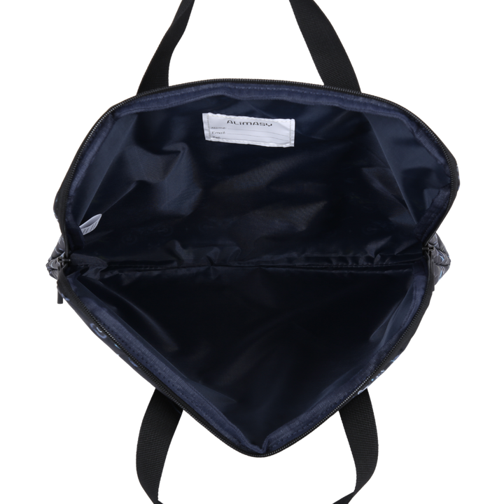 Black library bag inside view with visible brand name label on a white background