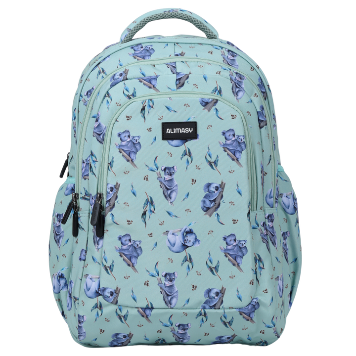 A large school backpack with a light green base color and a pattern of koalas and leaves in darker blue.