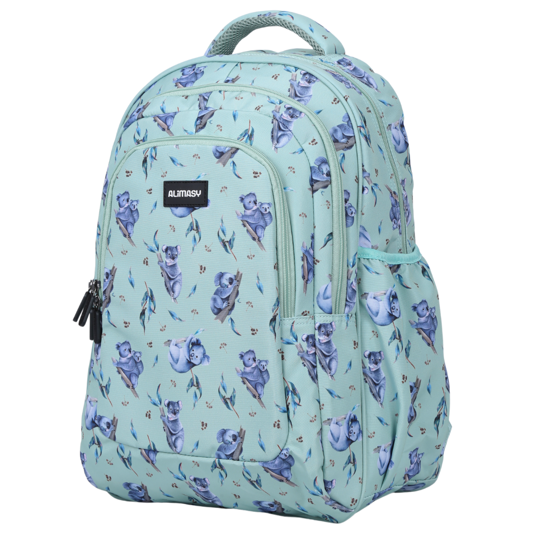Angled view of Koala Large School Backpack Lightweight yet strong with YKK zips