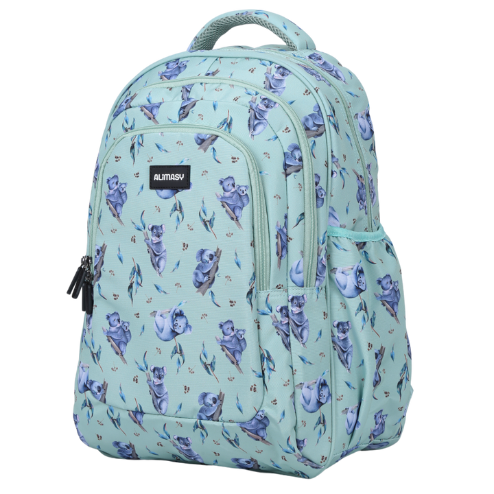 Angled view of Koala Large School Backpack Lightweight yet strong with YKK zips
