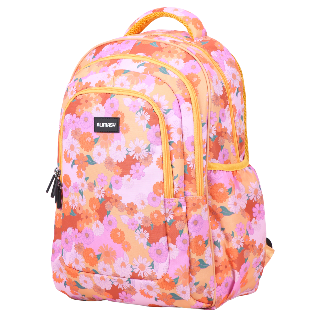 Angled view of Mellow Yellow Large School Backpack. Lightweight yet strong with YKK zips