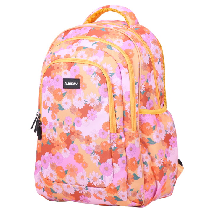 Angled view of Mellow Yellow Large School Backpack. Lightweight yet strong with YKK zips