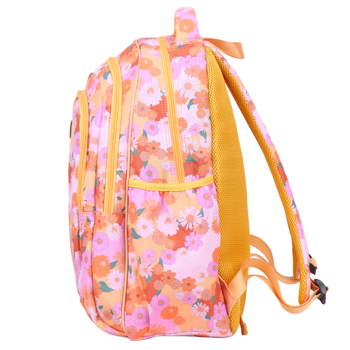 Side view of Mellow Yellow Large School Backpack. Deep side pockets and multiple carry handles