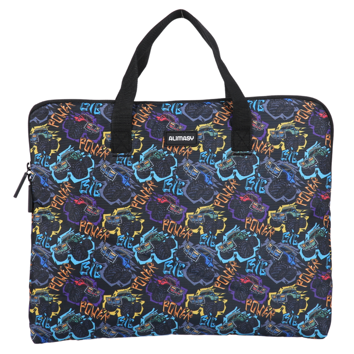 Monster truck patterned library bag for carrying books and homework from school.