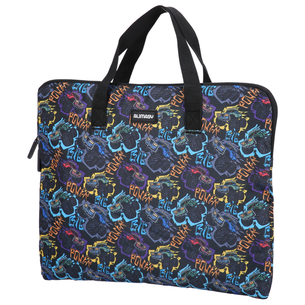 Multicolored patterned library bag with monster truck design and black handles 