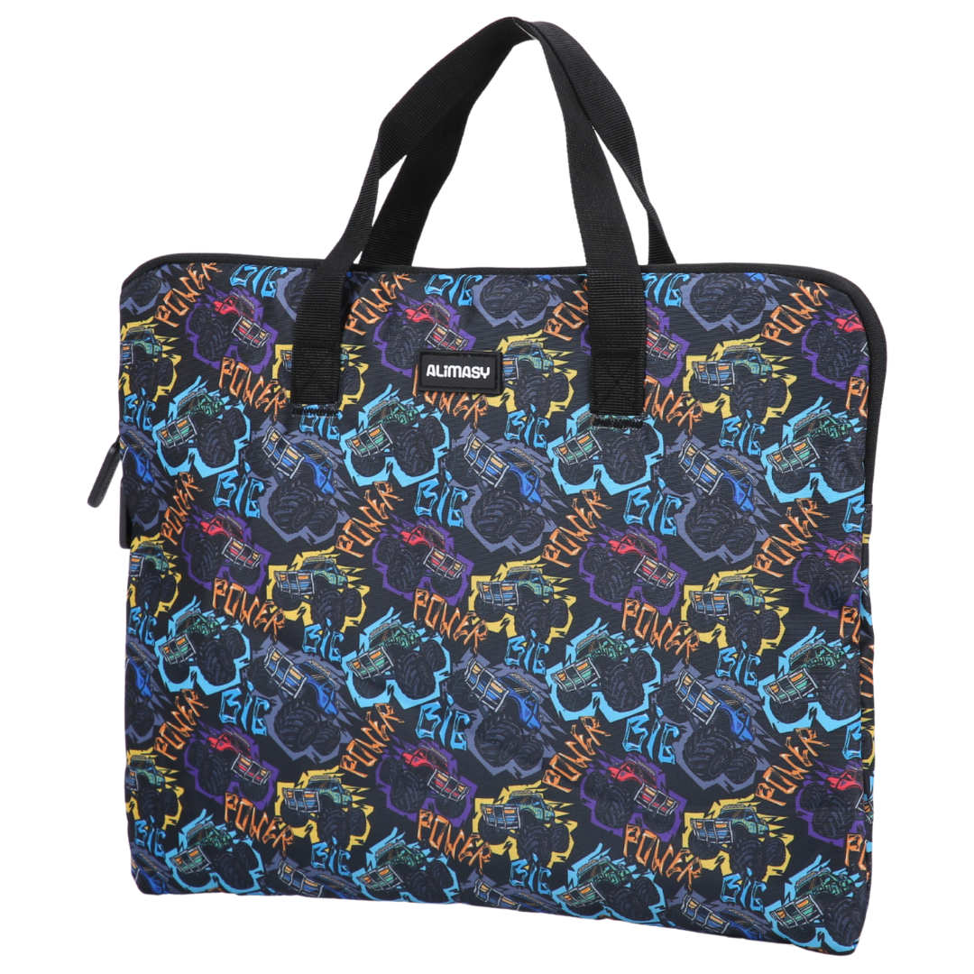 Multicolored patterned library bag with monster truck design and black handles 