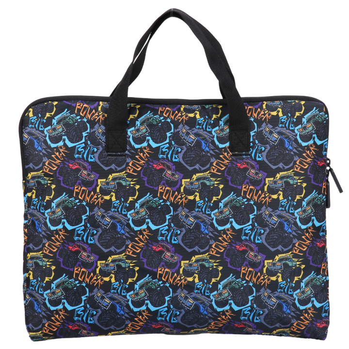 library bag rear view with monster truck print for school