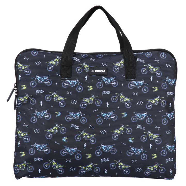 Book Bag with dirt bike pattern on a black background