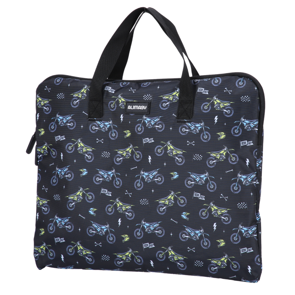 Black library bag with dirt bike pattern and black webbing handles on a white background