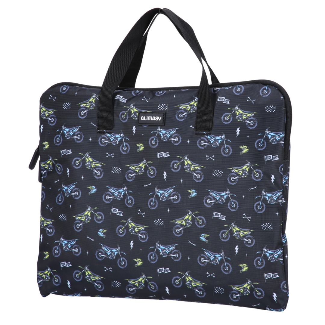 Black library bag with dirt bike pattern and black webbing handles on a white background