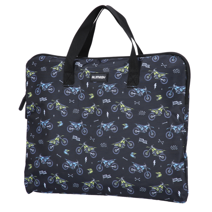 Black library bag with dirt bike pattern and black webbing handles on a white background