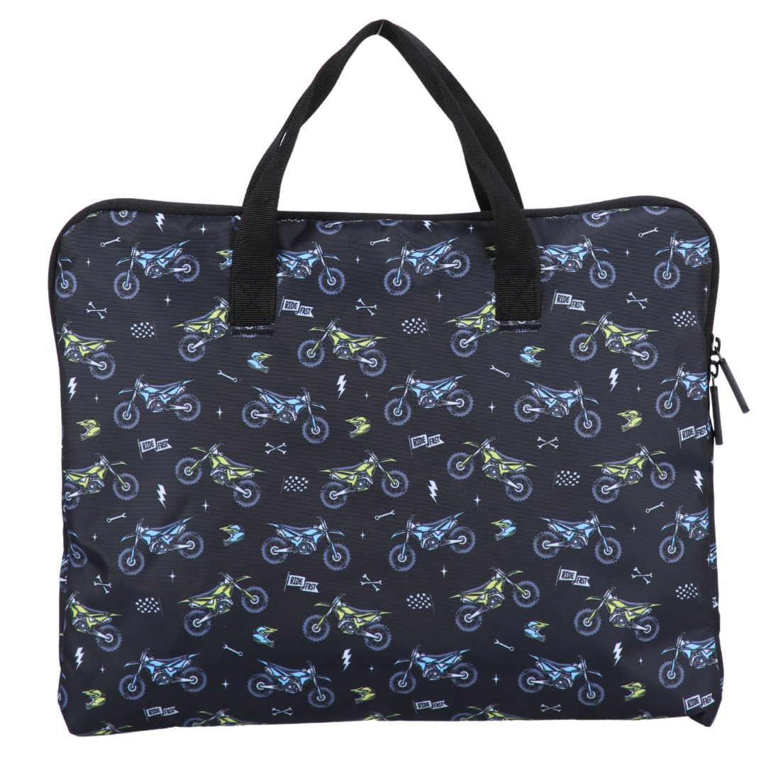 Black bag with blue and green dirt bike pattern on a white background