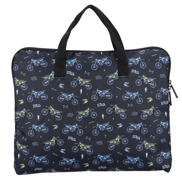 Black bag with blue and green dirt bike pattern on a white background