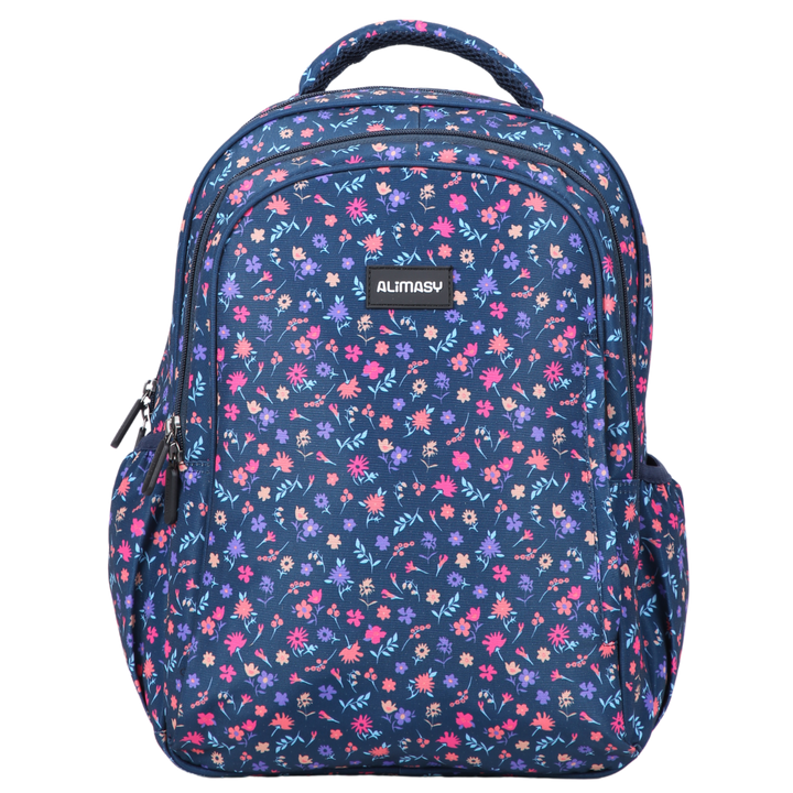 Ditsy Flowers Navy Midsize Kids Backpack front view lightweight waterproof preschool and primary school bag Australia NZ